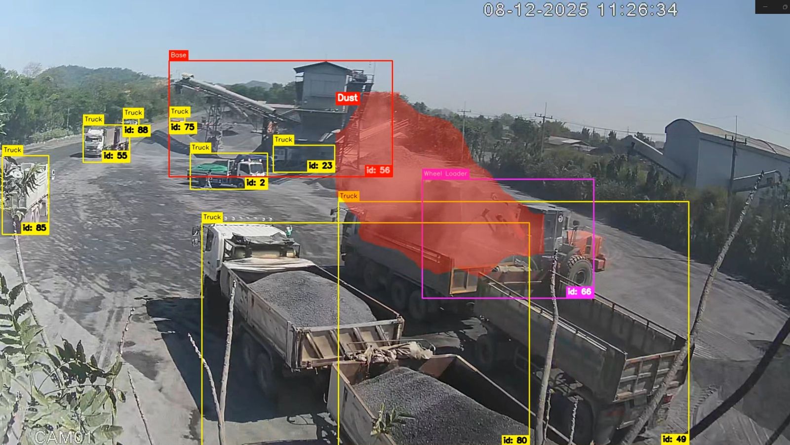 AI detection of trucks, a wheel loader and dust at a crushing plant